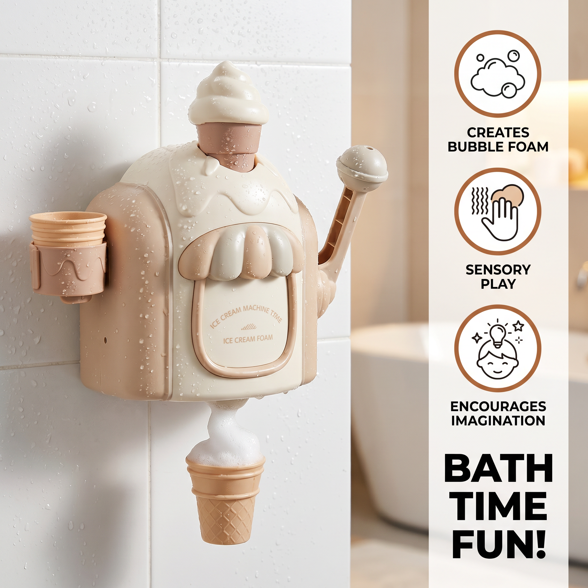 Ice Cream Machine Bath Toy with Bubble Maker and Friendly Face in Four Colors