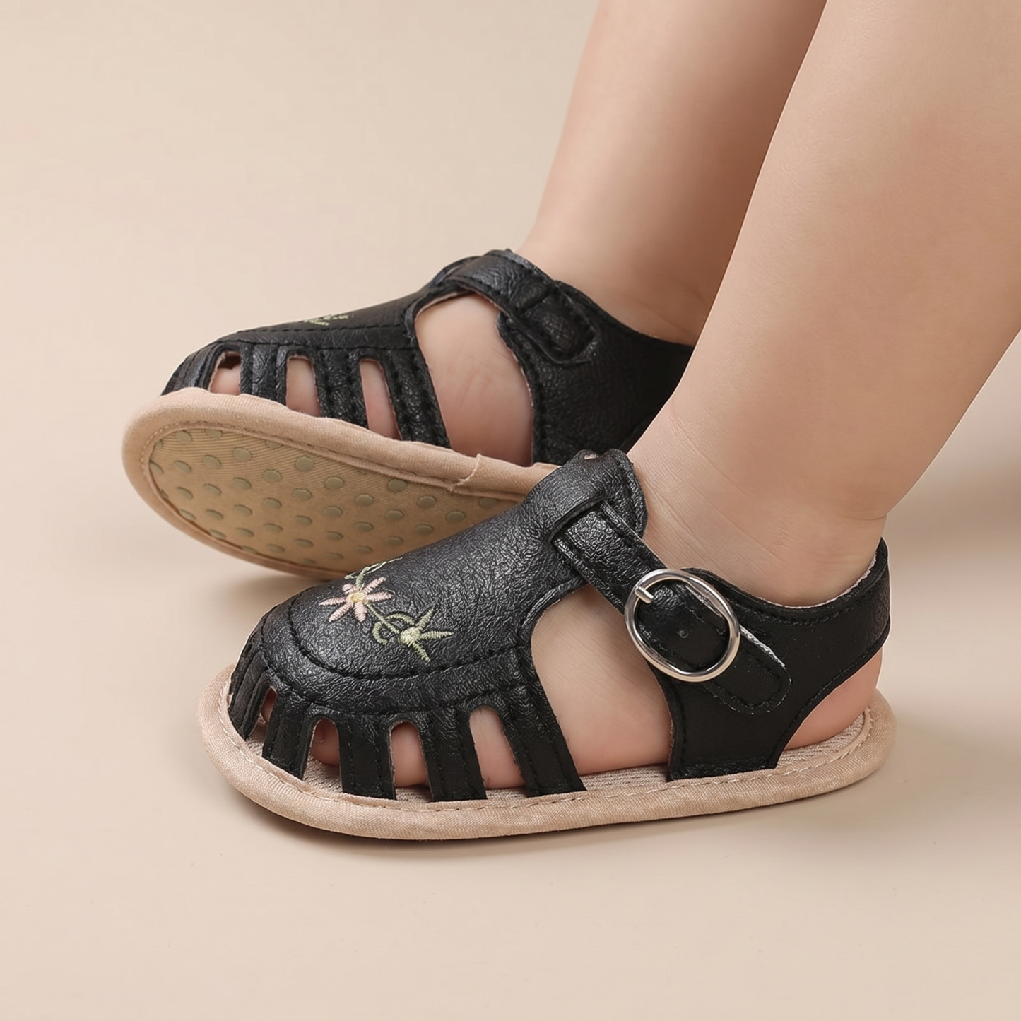 Embroidered Floral Closed-Toe Sandals