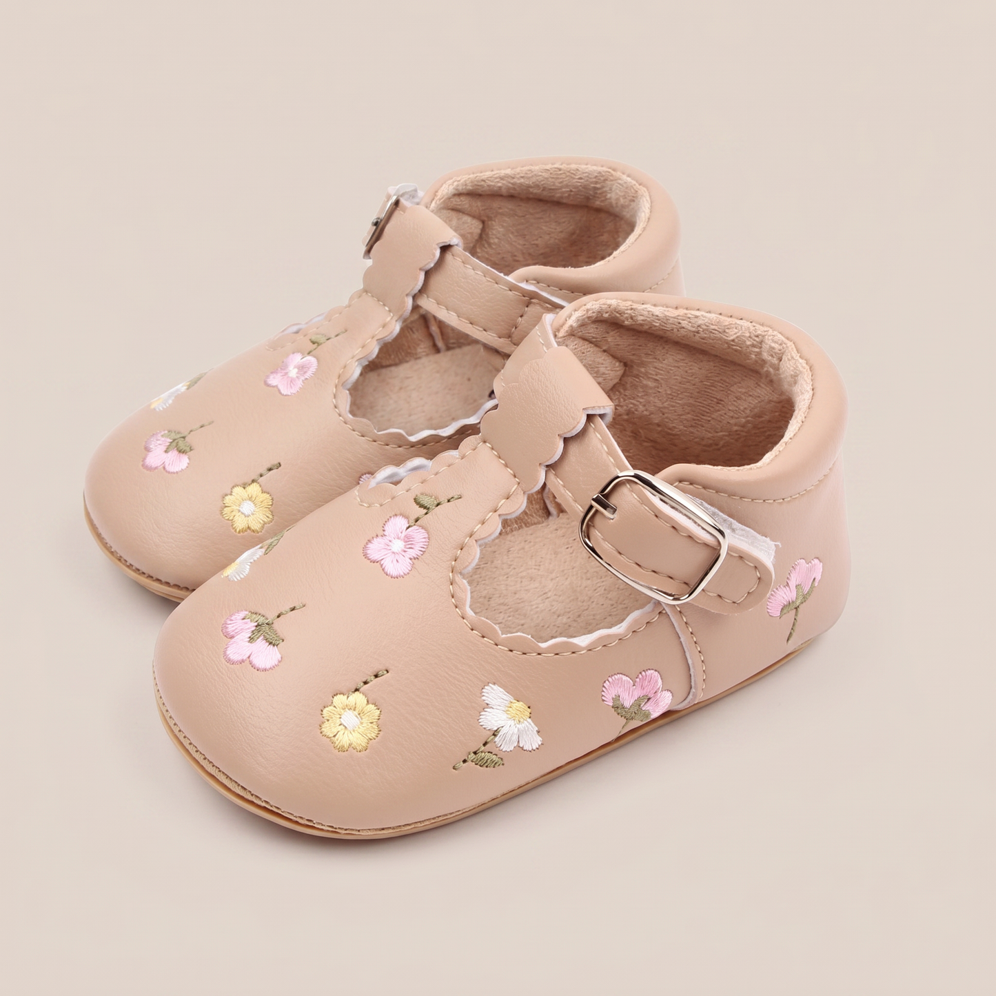 Floral Embroidered T-Strap Shoes