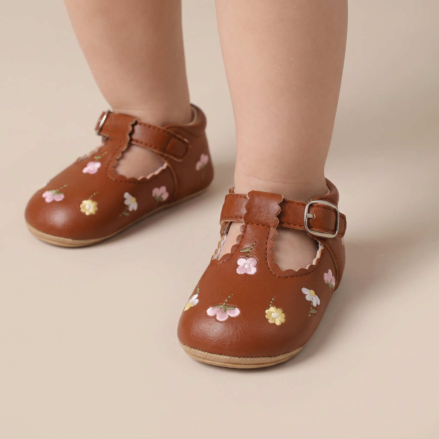 Floral Embroidered T-Strap Shoes