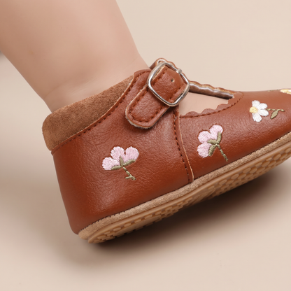 Floral Embroidered T-Strap Shoes
