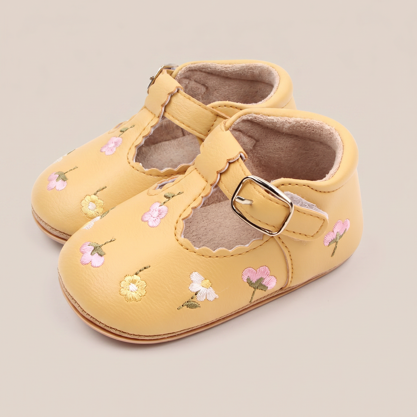 Floral Embroidered T-Strap Shoes