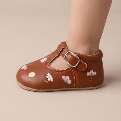 Floral Embroidered T-Strap Shoes