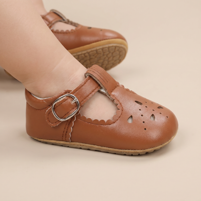 Perforated T-Strap Buckle Shoes