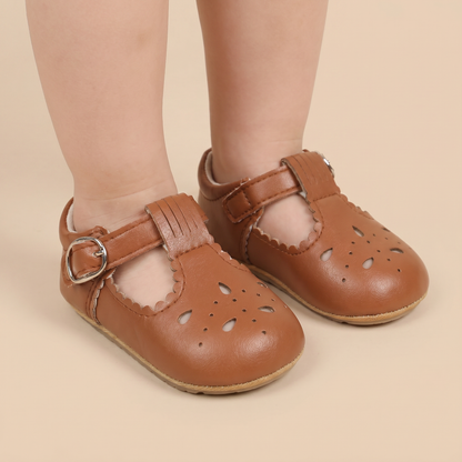 Perforated T-Strap Buckle Shoes