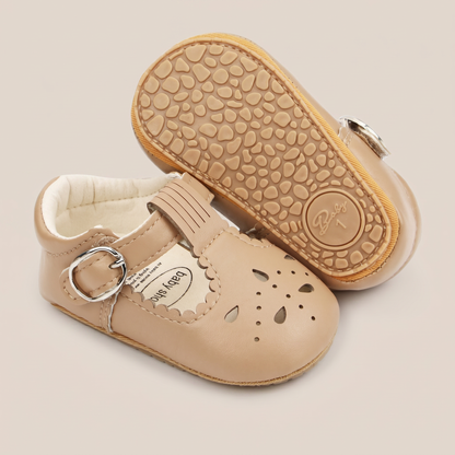 Perforated T-Strap Buckle Shoes