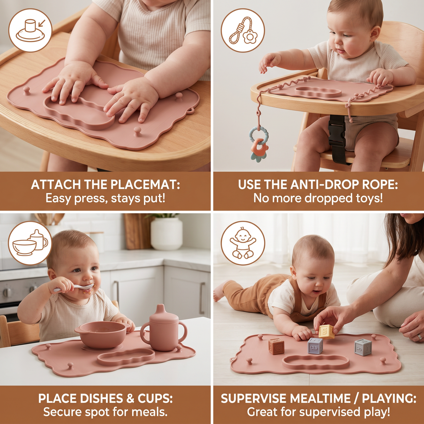 Non-Slip Silicone Baby Placemat with Suction Cup and Anti-Drop Rope