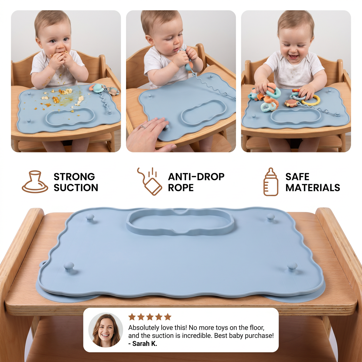 Non-Slip Silicone Baby Placemat with Suction Cup and Anti-Drop Rope