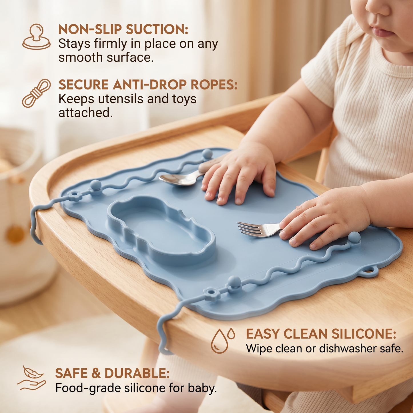 Non-Slip Silicone Baby Placemat with Suction Cup and Anti-Drop Rope
