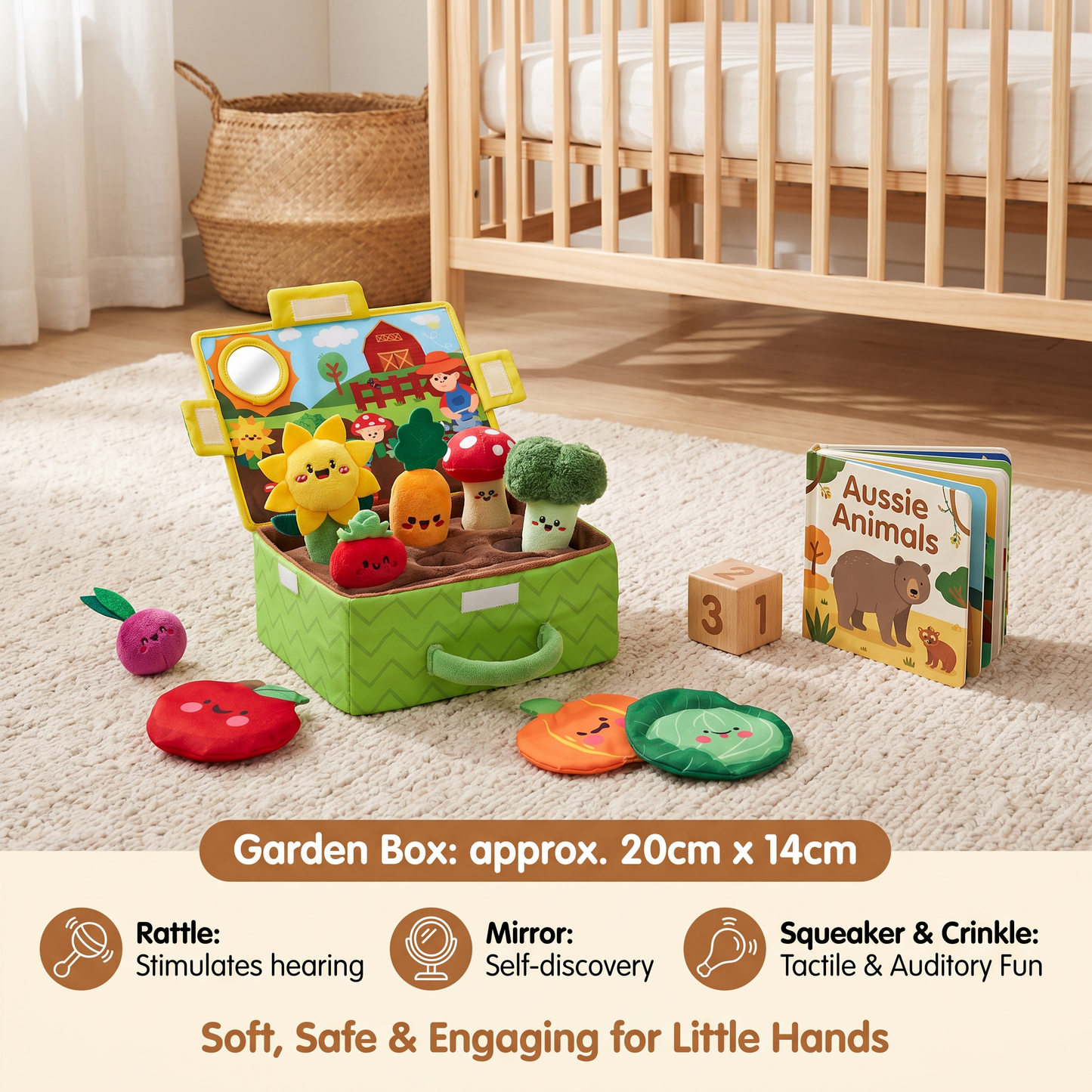 Montessori Garden Sensory Toy for Babies – Plush Fruit & Vegetable Set with Rattle, Mirror & Squeaker