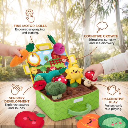 Montessori Garden Sensory Toy for Babies – Plush Fruit & Vegetable Set with Rattle, Mirror & Squeaker