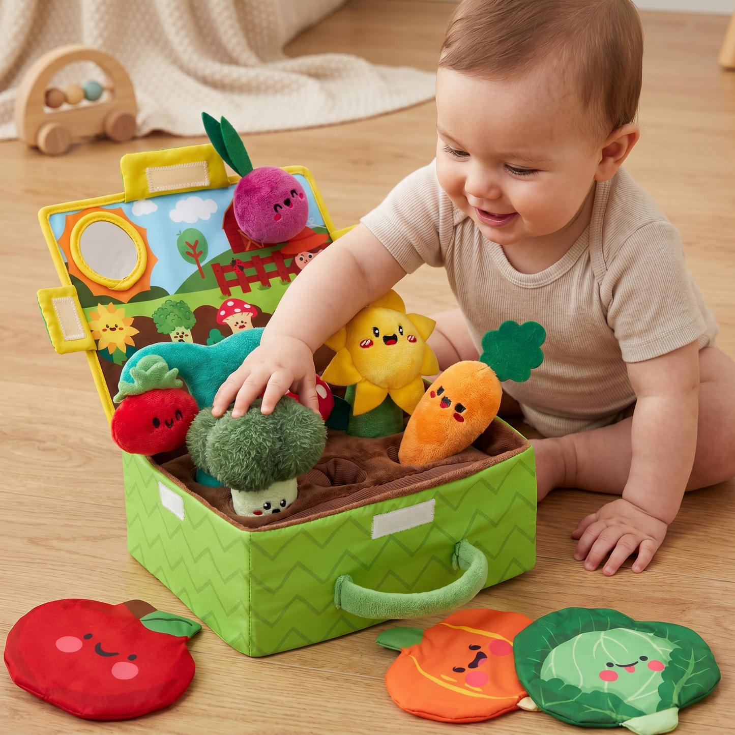 Montessori Garden Sensory Toy for Babies – Plush Fruit & Vegetable Set with Rattle, Mirror & Squeaker
