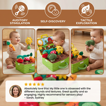 Montessori Garden Sensory Toy for Babies – Plush Fruit & Vegetable Set with Rattle, Mirror & Squeaker