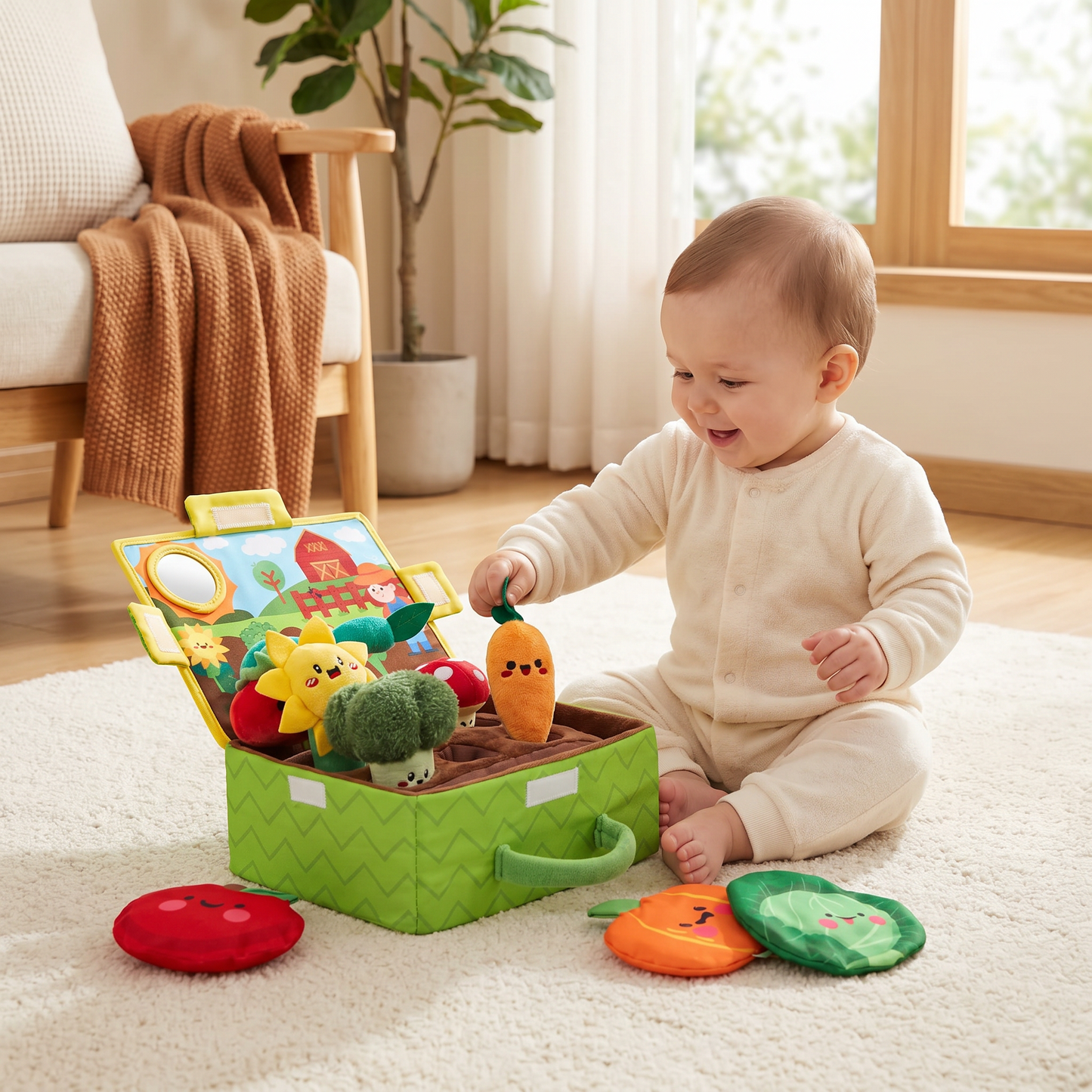 Montessori Garden Sensory Toy for Babies – Plush Fruit & Vegetable Set with Rattle, Mirror & Squeaker