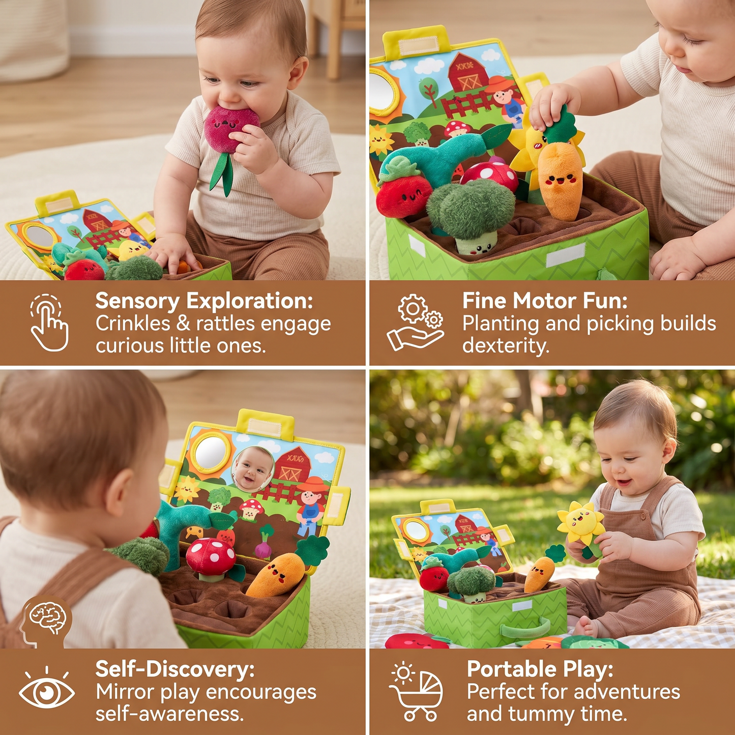 Montessori Garden Sensory Toy for Babies – Plush Fruit & Vegetable Set with Rattle, Mirror & Squeaker
