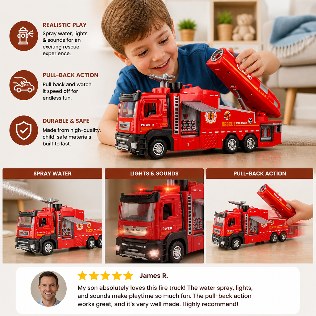 Pull-Back Fire Truck Toy with Water Spray, Lights & Sounds