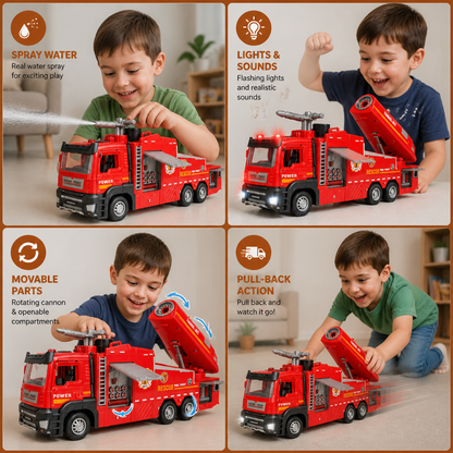 Pull-Back Fire Truck Toy with Water Spray, Lights & Sounds