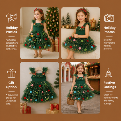 Girls’ Christmas Tutu Dress with Pom-Poms, Sequin Stars & Ruffled Sleeves