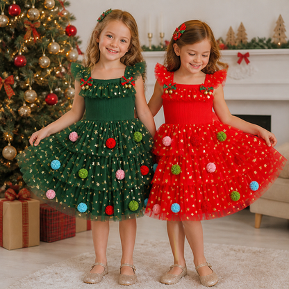 Girls’ Christmas Tutu Dress with Pom-Poms, Sequin Stars & Ruffled Sleeves
