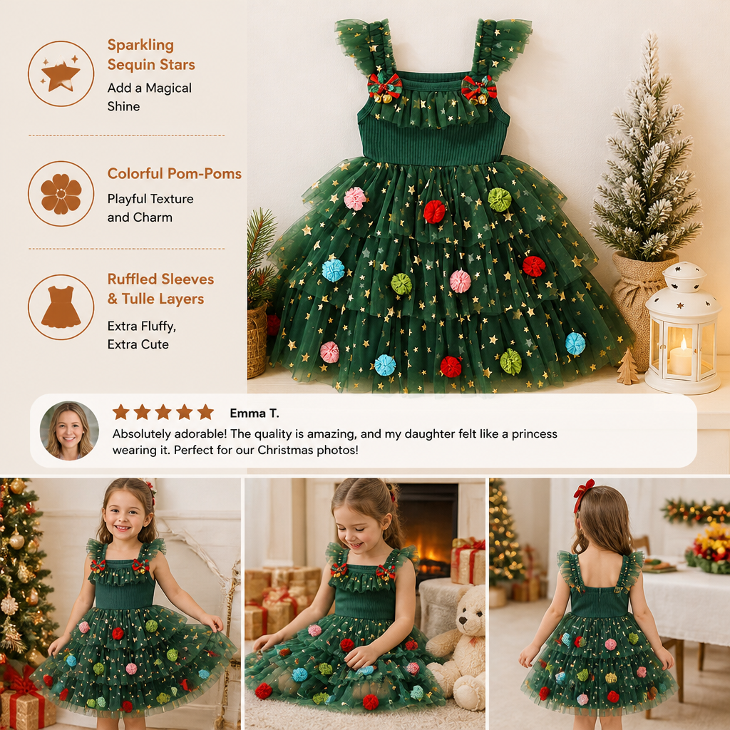 Girls’ Christmas Tutu Dress with Pom-Poms, Sequin Stars & Ruffled Sleeves