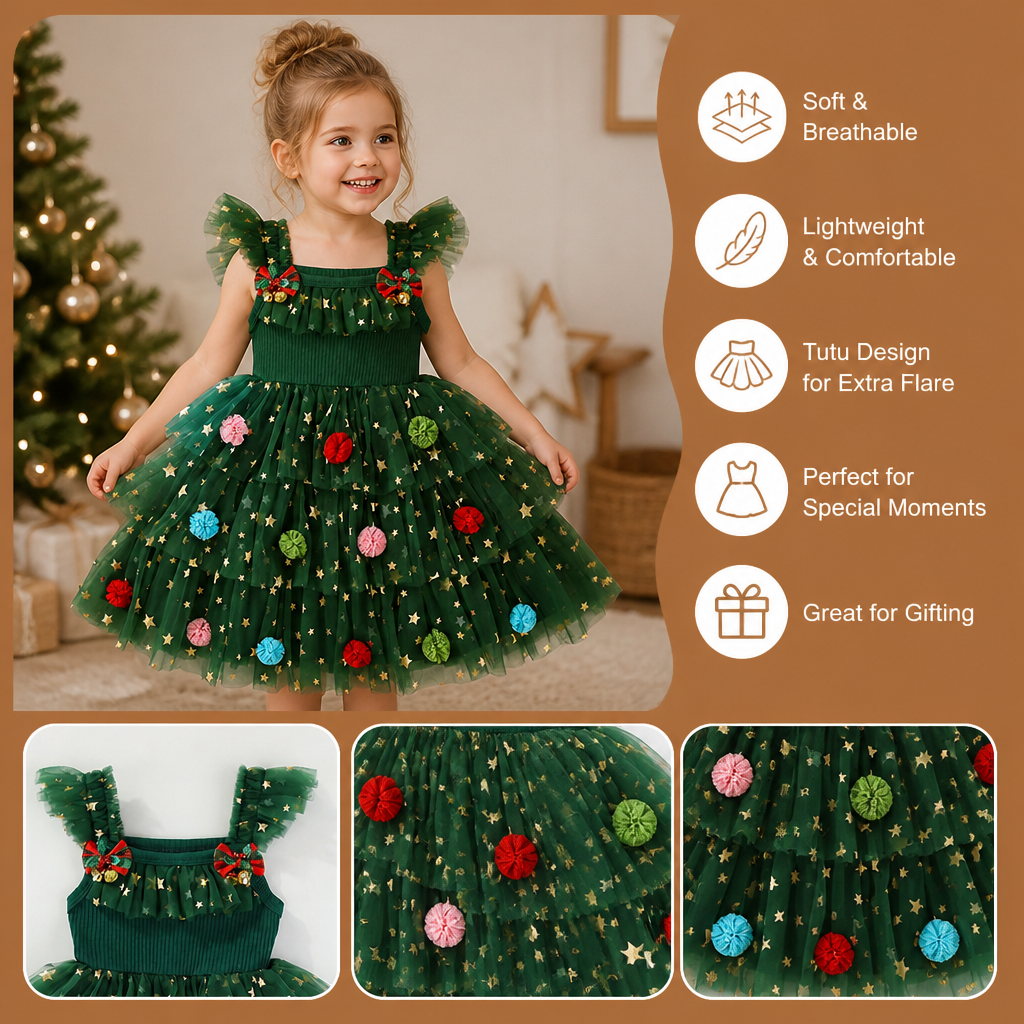 Girls’ Christmas Tutu Dress with Pom-Poms, Sequin Stars & Ruffled Sleeves