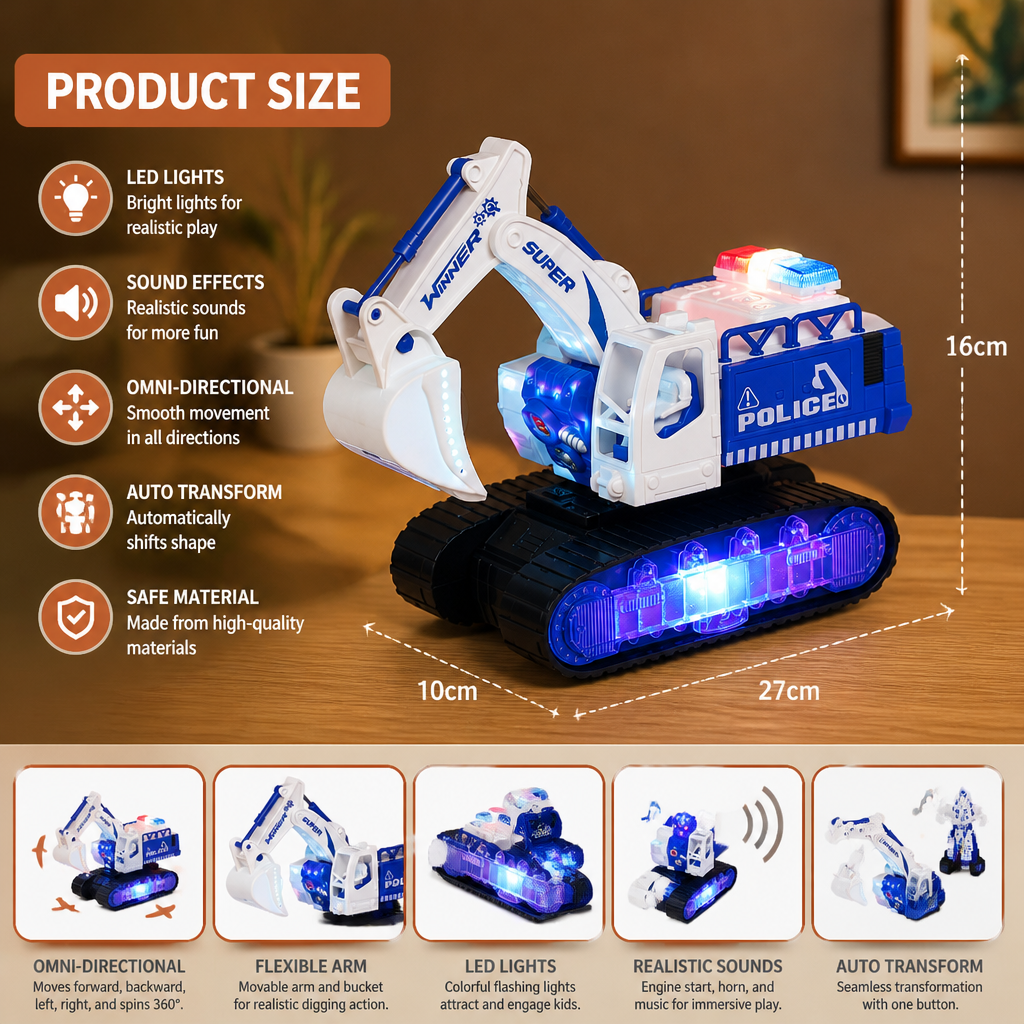 Transforming Police Robot Excavator Toy with Lights & Sounds