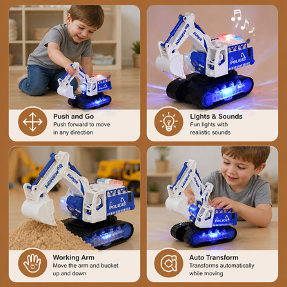 Transforming Police Robot Excavator Toy with Lights & Sounds