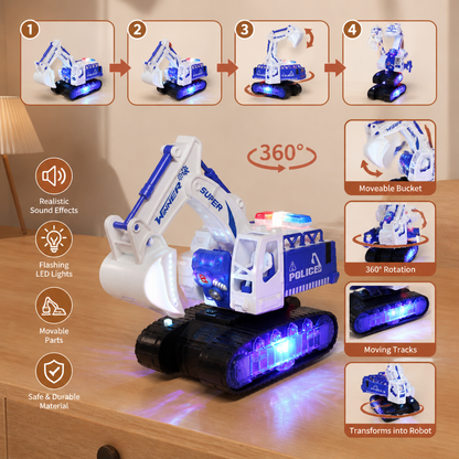 Transforming Police Robot Excavator Toy with Lights & Sounds