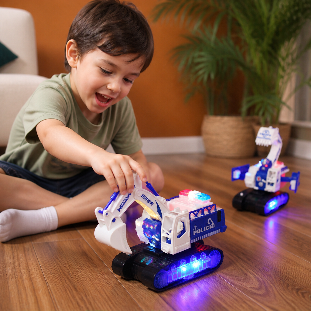 Transforming Police Robot Excavator Toy with Lights & Sounds