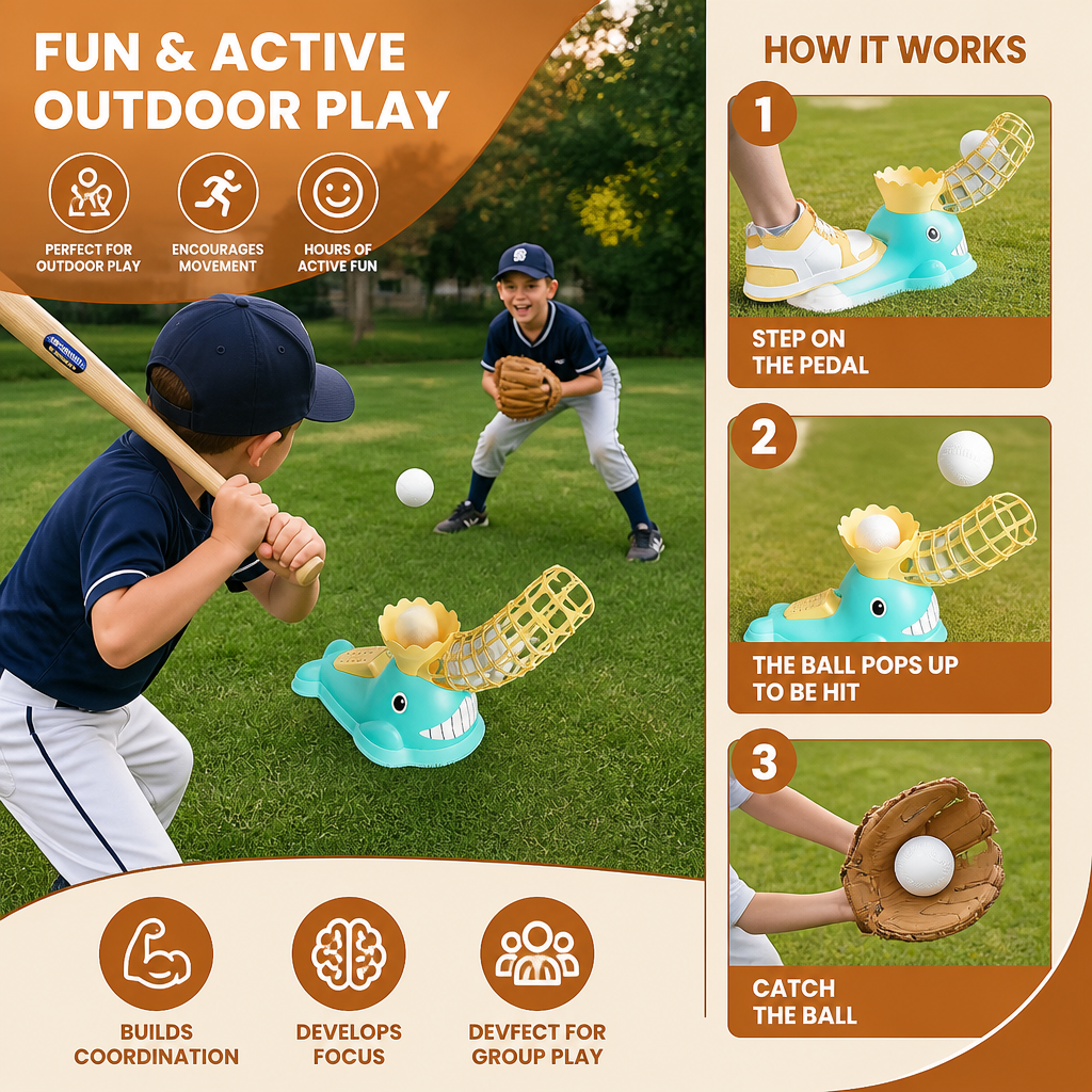 Step-On Baseball Pitching Machine with Bat & Balls for Kids