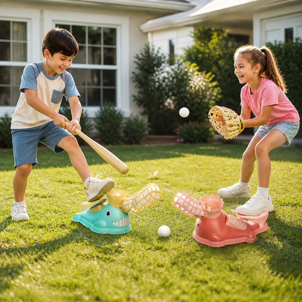 Step-On Baseball Pitching Machine with Bat & Balls for Kids