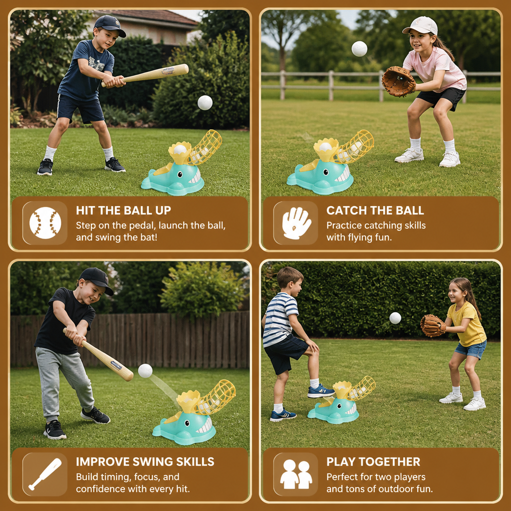 Step-On Baseball Pitching Machine with Bat & Balls for Kids