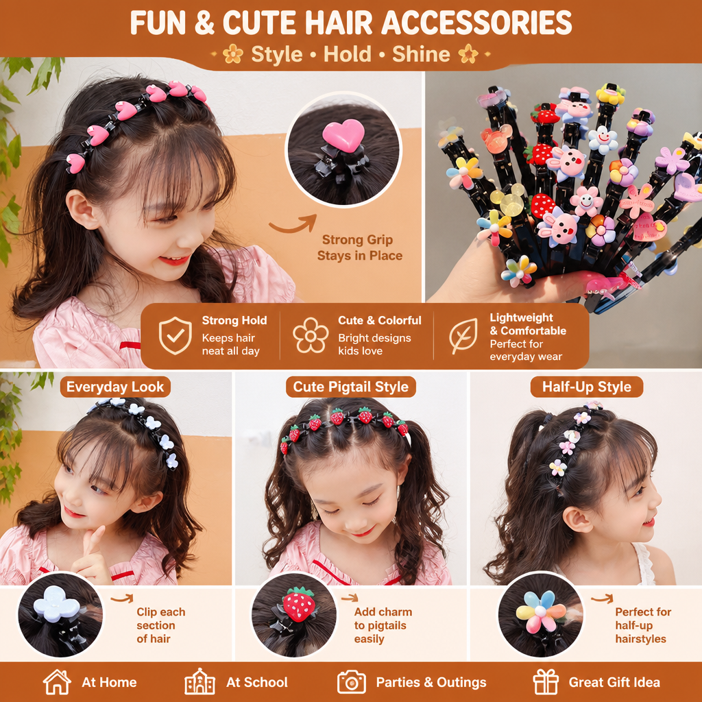 Cute Hair Clips & Bands for Girls with Flower, Strawberry & Rainbow Charms