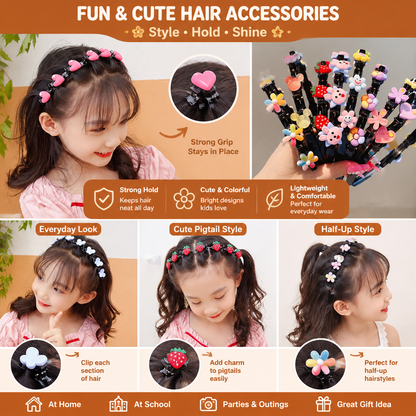 Cute Hair Clips & Bands for Girls with Flower, Strawberry & Rainbow Charms