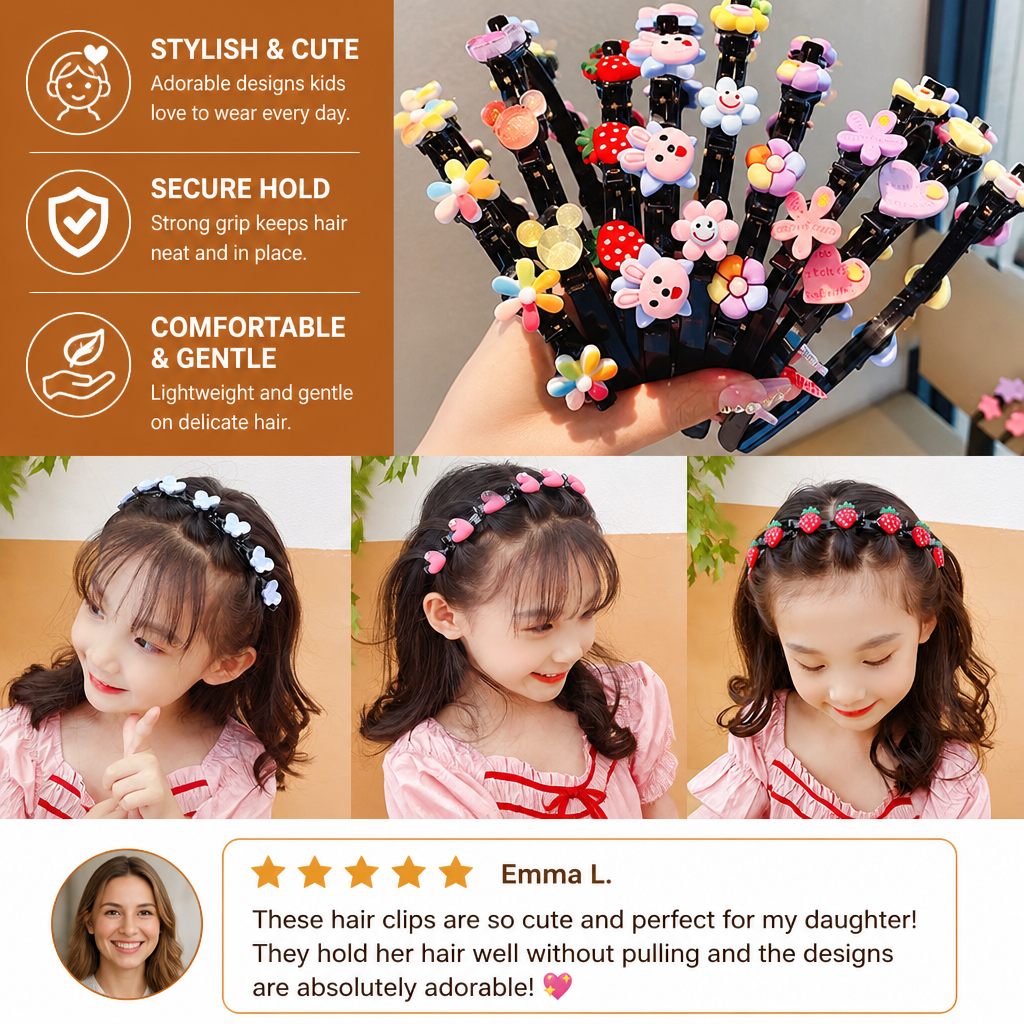 Cute Hair Clips & Bands for Girls with Flower, Strawberry & Rainbow Charms