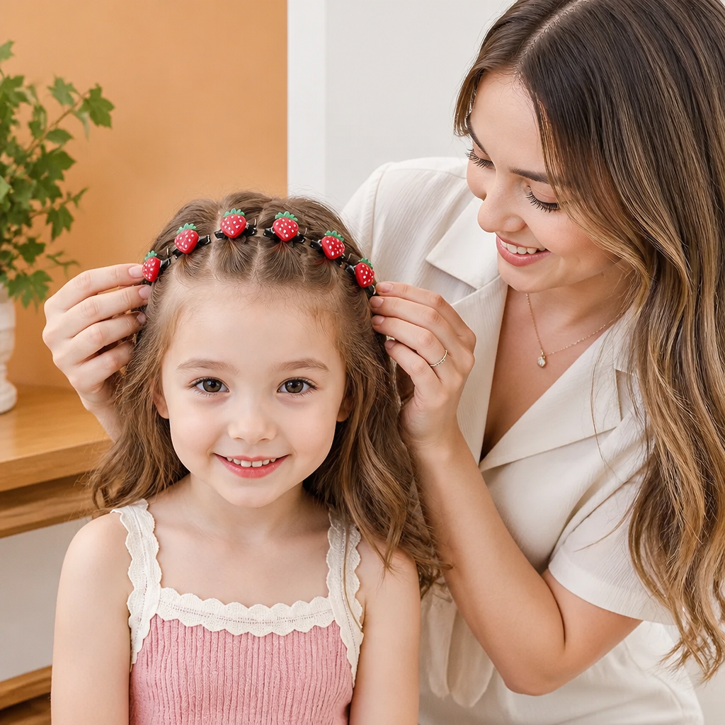 Cute Hair Clips & Bands for Girls with Flower, Strawberry & Rainbow Charms