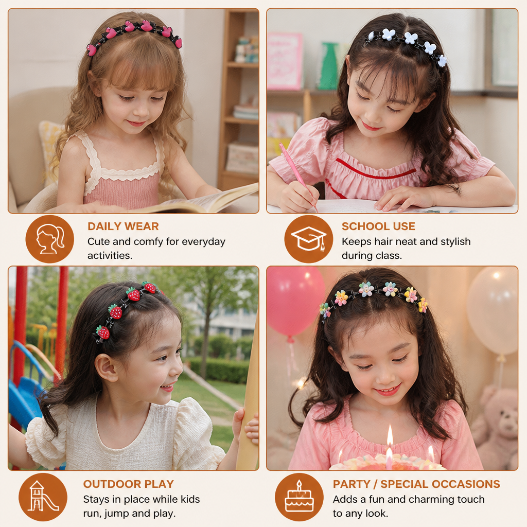 Cute Hair Clips & Bands for Girls with Flower, Strawberry & Rainbow Charms