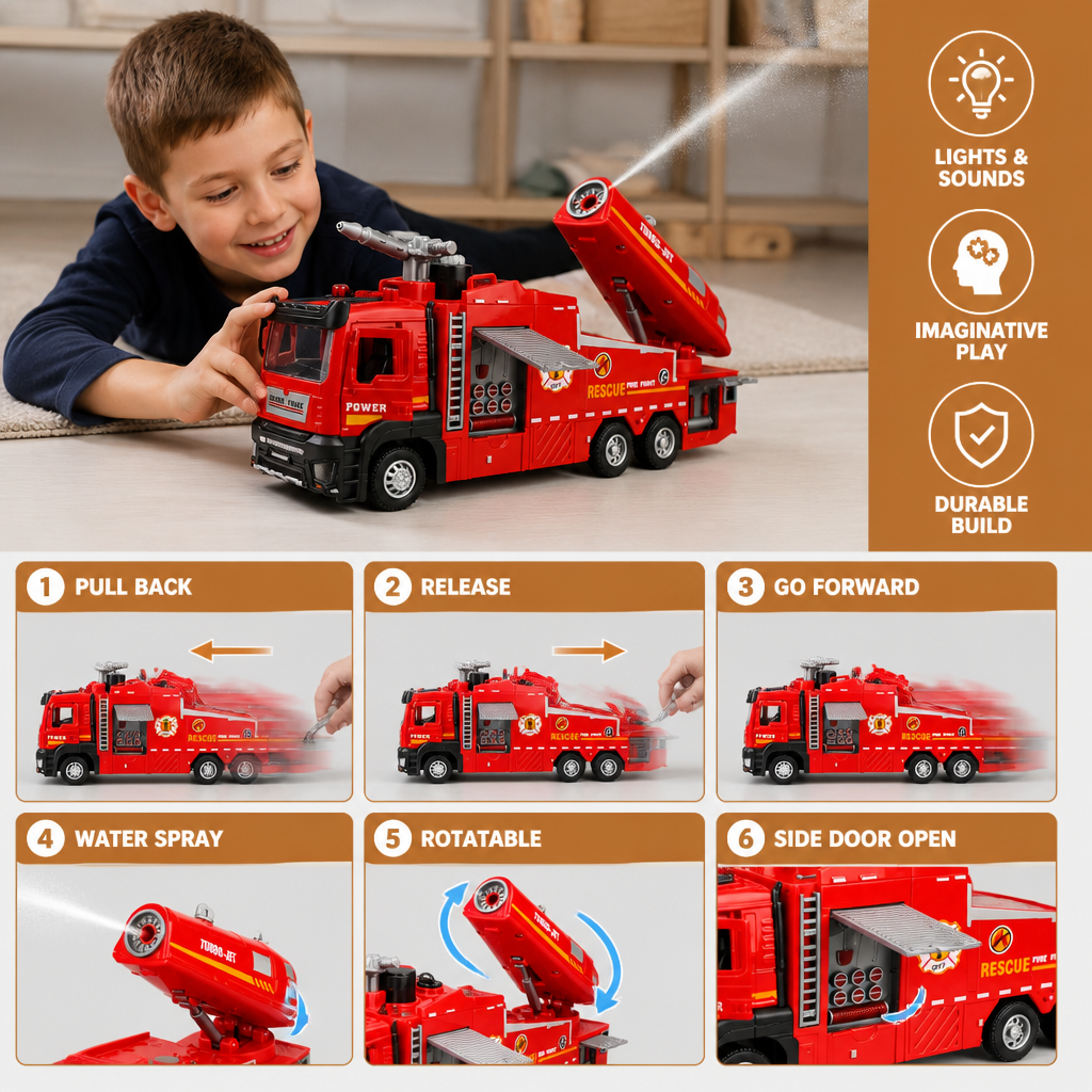 Pull-Back Fire Truck Toy with Water Spray, Lights & Sounds