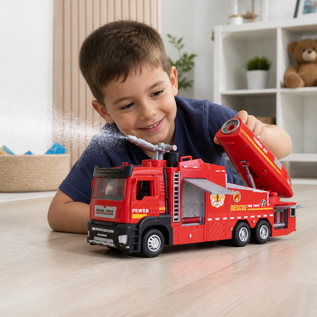 Pull-Back Fire Truck Toy with Water Spray, Lights & Sounds