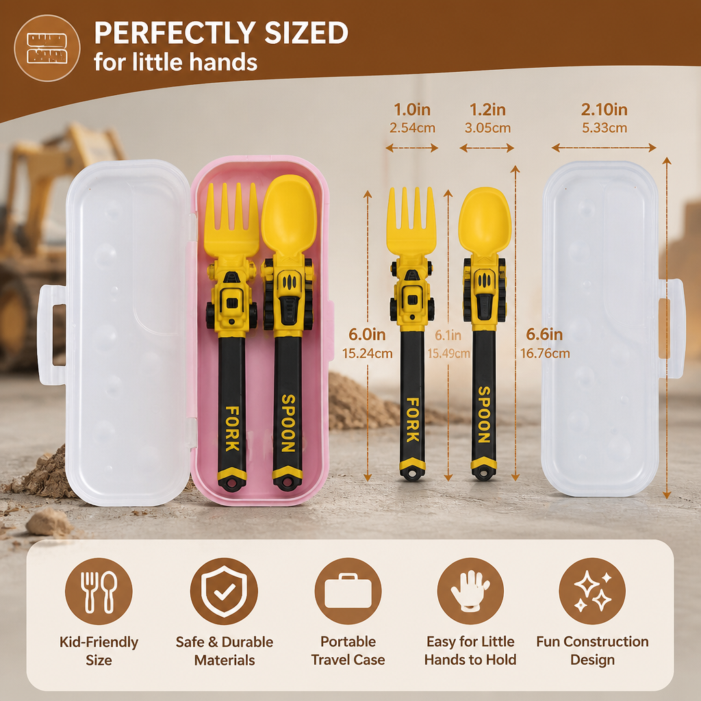 3-Piece Construction Vehicle Kids’ Utensil Set with Spoon, Fork & Travel Case