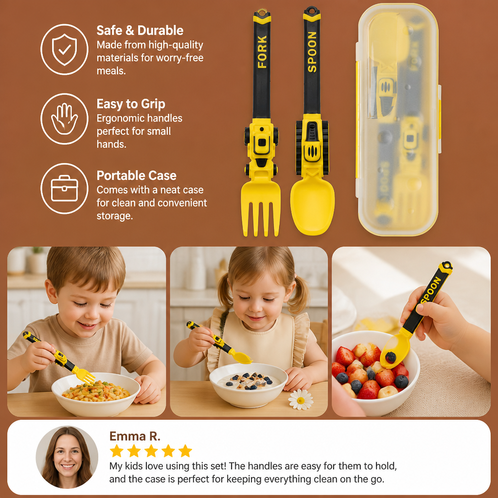 3-Piece Construction Vehicle Kids’ Utensil Set with Spoon, Fork & Travel Case