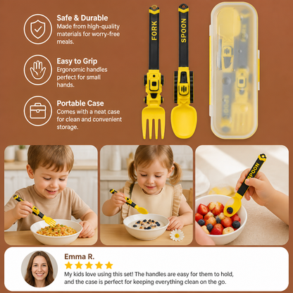 3-Piece Construction Vehicle Kids’ Utensil Set with Spoon, Fork & Travel Case
