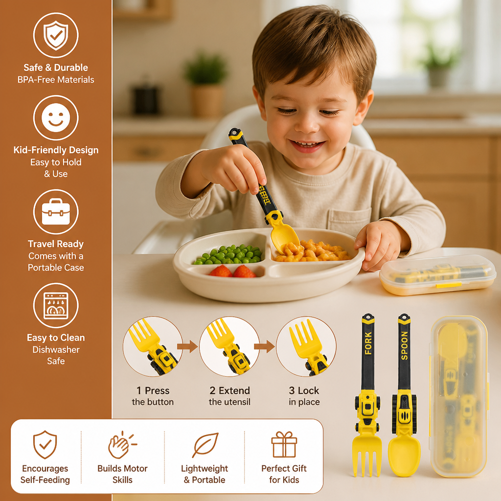 3-Piece Construction Vehicle Kids’ Utensil Set with Spoon, Fork & Travel Case