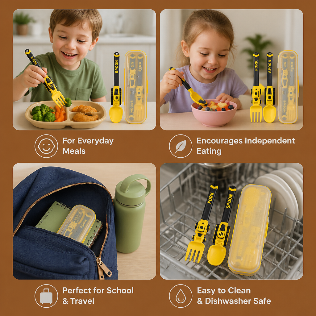 3-Piece Construction Vehicle Kids’ Utensil Set with Spoon, Fork & Travel Case