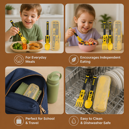 3-Piece Construction Vehicle Kids’ Utensil Set with Spoon, Fork & Travel Case