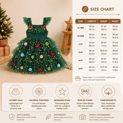 Girls’ Christmas Tutu Dress with Pom-Poms, Sequin Stars & Ruffled Sleeves