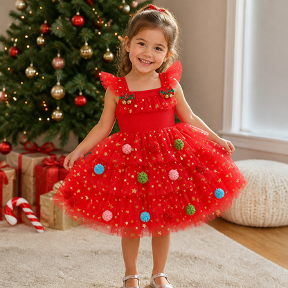 Girls’ Christmas Tutu Dress with Pom-Poms, Sequin Stars & Ruffled Sleeves