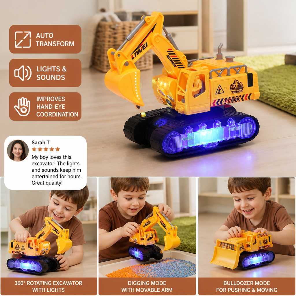 Transforming Police Robot Excavator Toy with Lights & Sounds