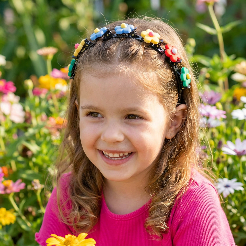 Cute Hair Clips & Bands for Girls with Flower, Strawberry & Rainbow Charms