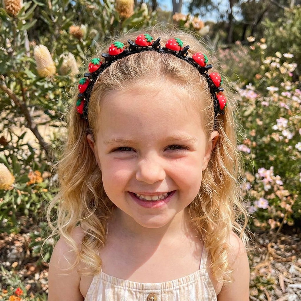 Cute Hair Clips & Bands for Girls with Flower, Strawberry & Rainbow Charms